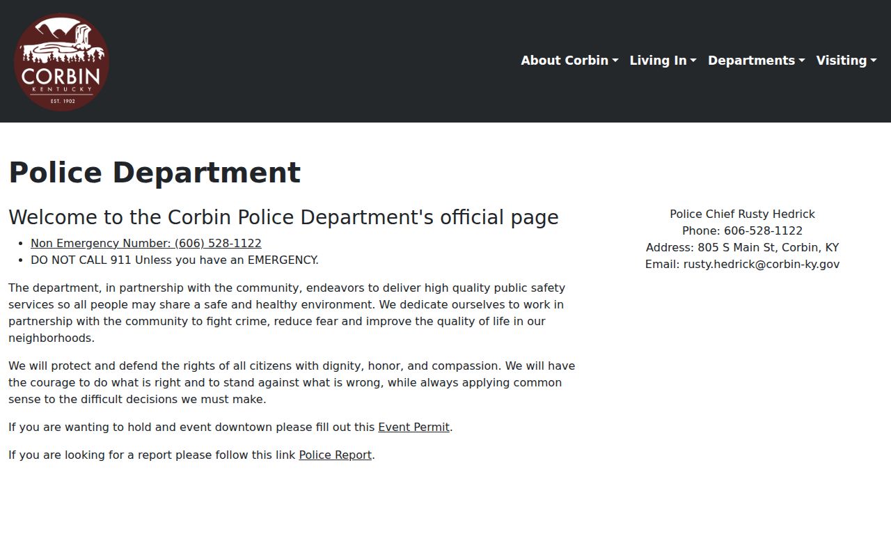 Corbin Police Department official webpage showing police contact information