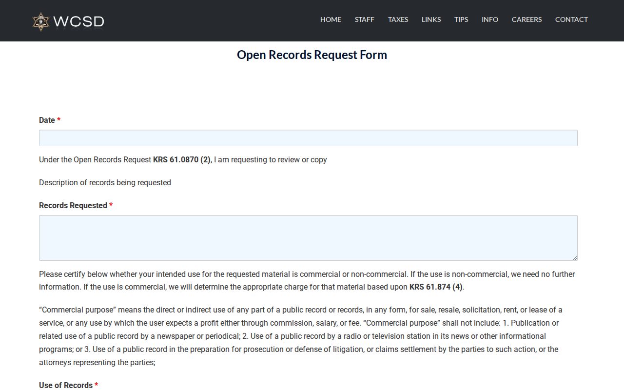 Whitley County Sheriff Department open records request page