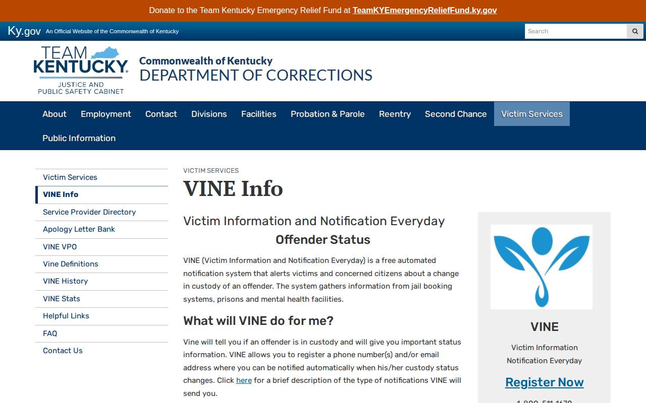 Kentucky Department of Corrections VINE information page explaining custody notifications