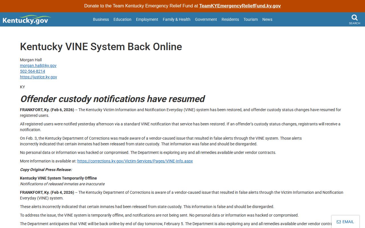 Kentucky government notice concerning restoration of VINE alerts in February 2026